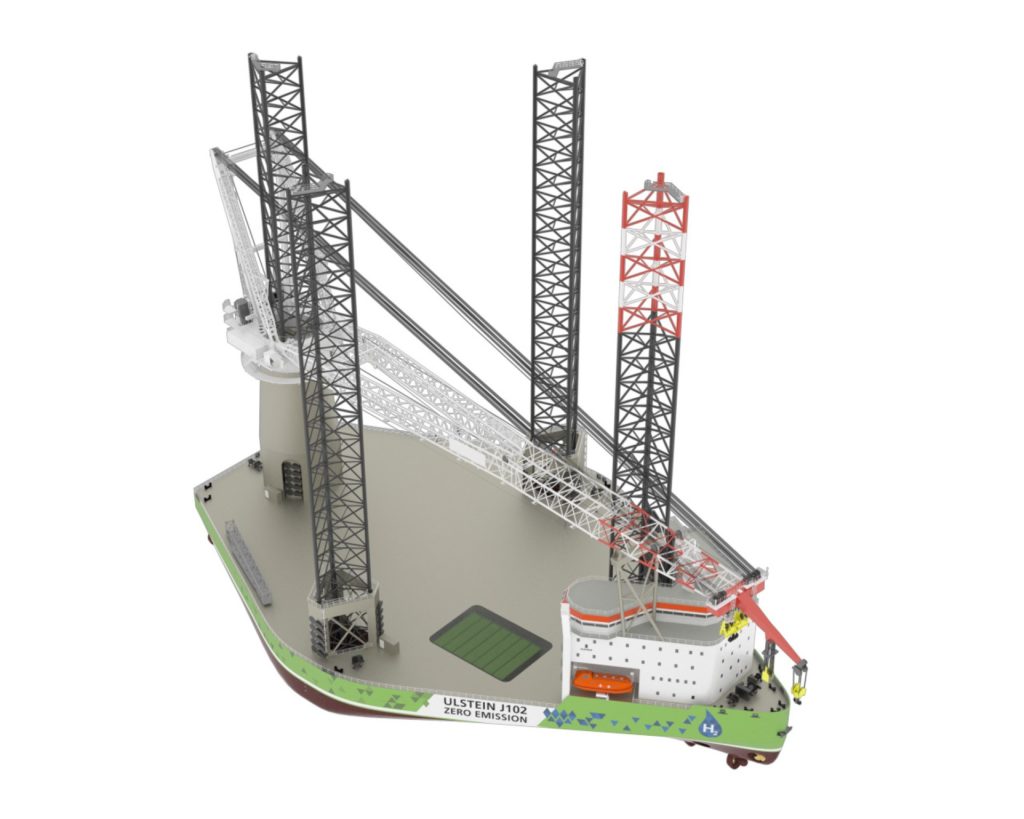 Ulstein Unveils Second Hydrogen Hybrid Design for the Offshore Wind Industry 1 Top view ULSTEIN J102 zero emission turbine installation vessel.